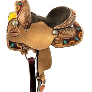 10" 12" 13" Double T Youth Hardseat Roughout Barrel Style Saddle W/ Cactus Sunflower Beading 15862